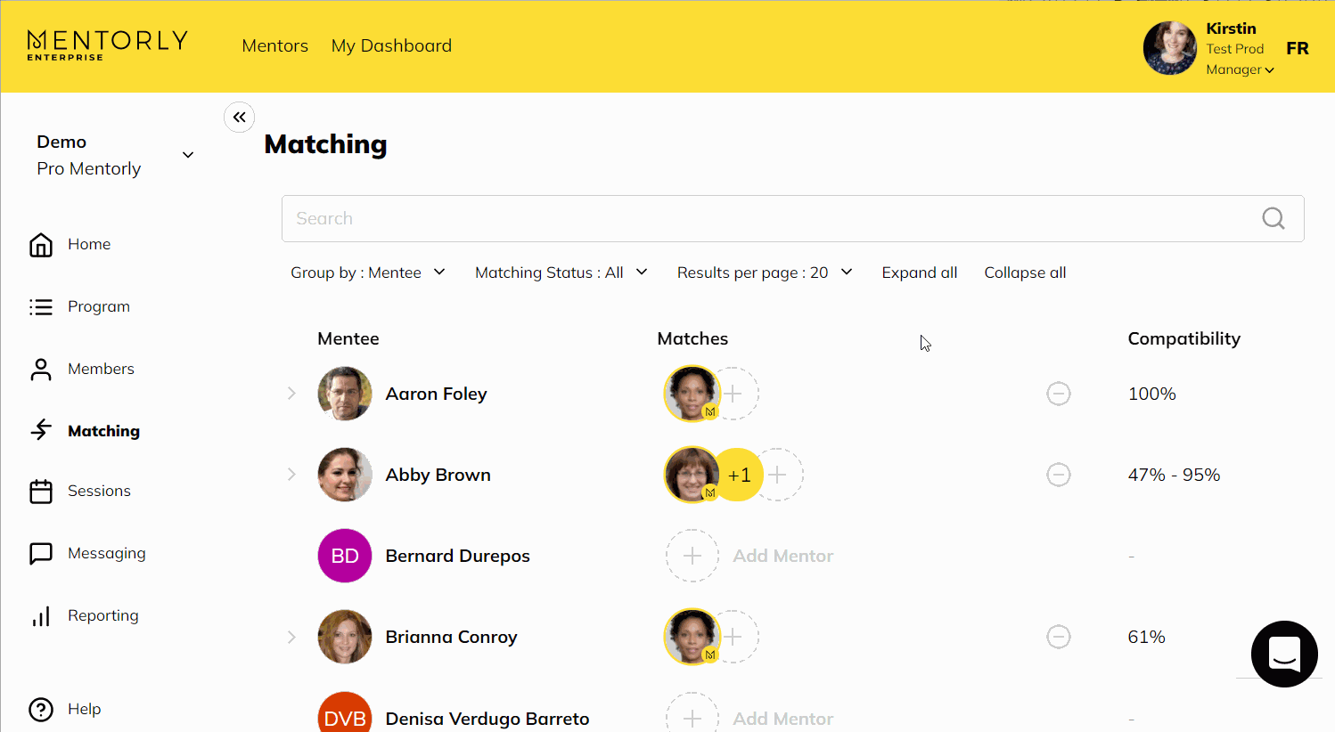 Mentorly mentor matching platform screenshot showing mentee and mentor compatibility scores