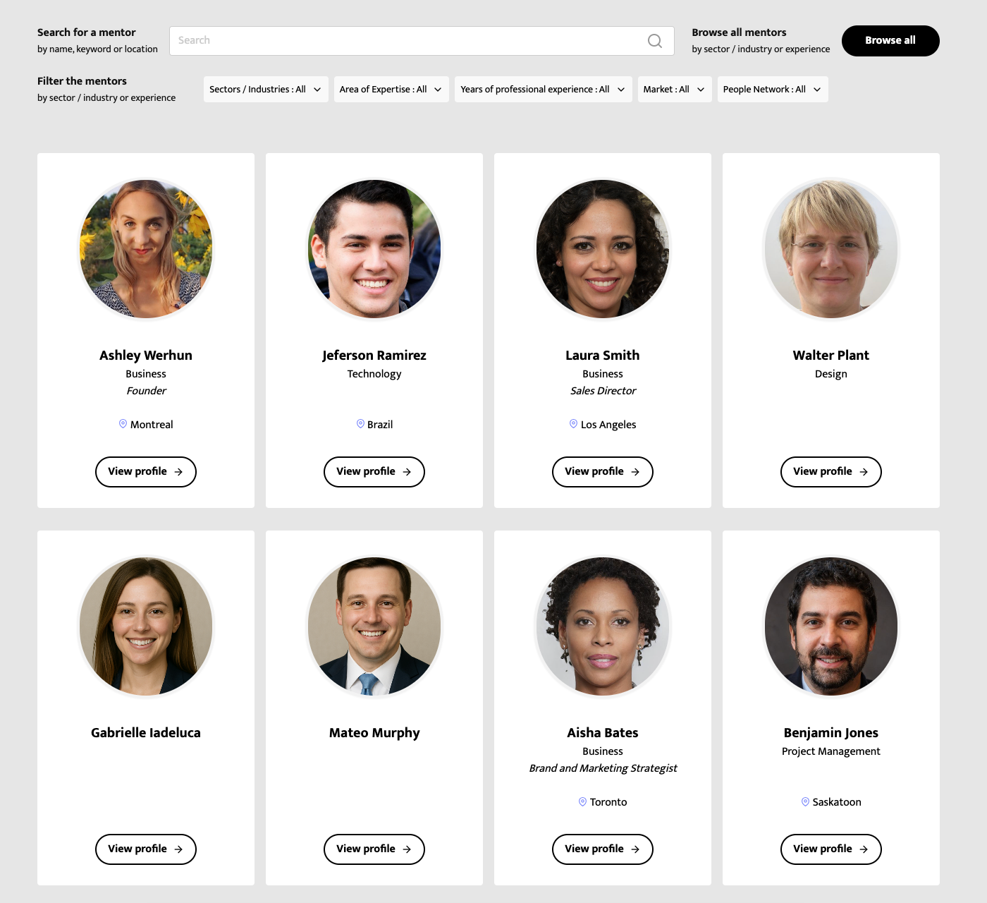 Mentorly mentor network - profiles of diverse mentors in various industries and markets